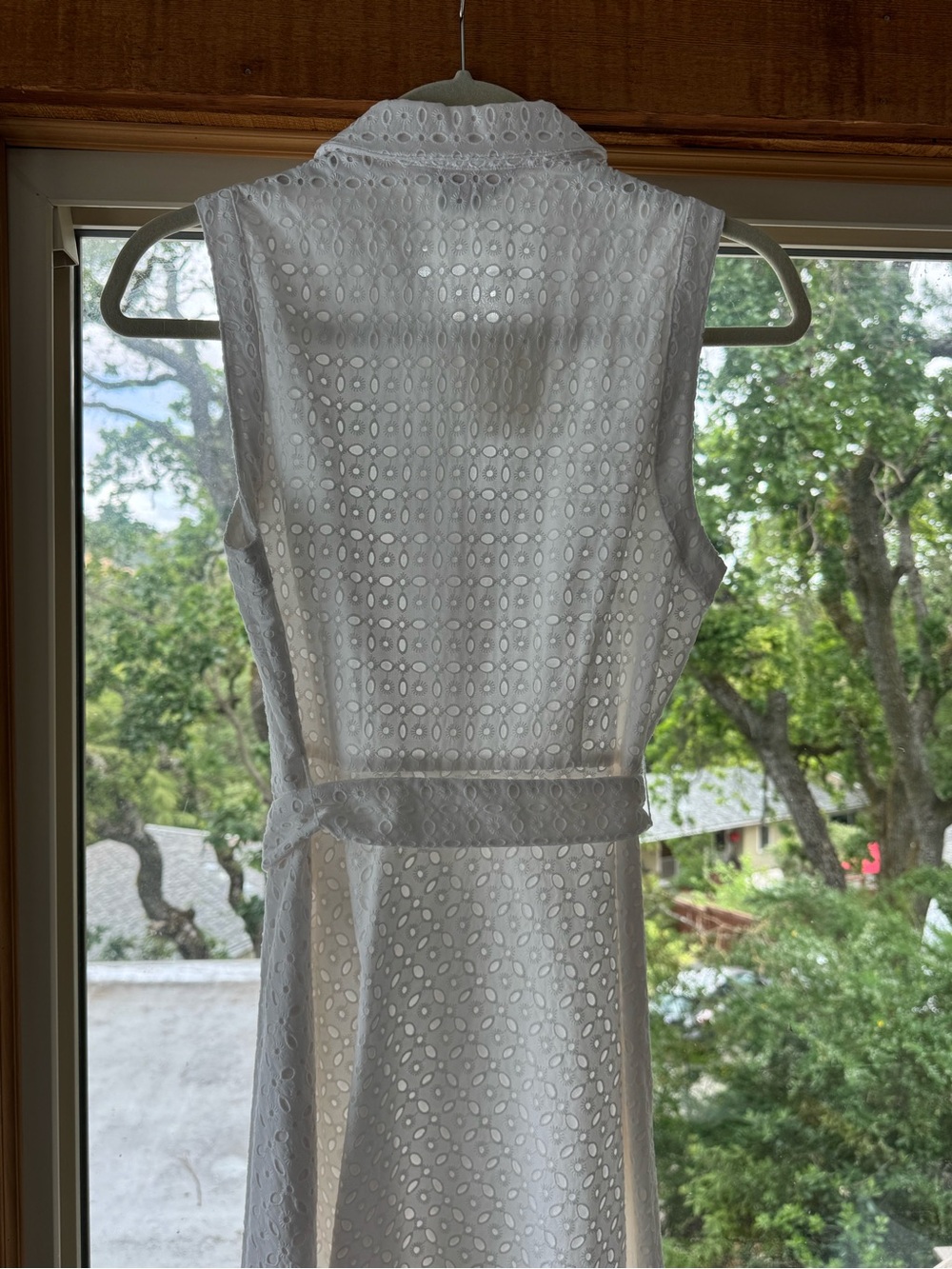 Boden Sleeveless White Eyelet Shirt Dress with Waist Tie - Picture 3 of 8
